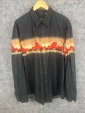 Vintage Roper Western Horse Print Shirt Mens XL Black Pearl Snaps Wrap Around