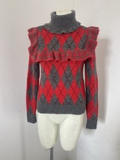 Zara Pullover Ruffled Knit Jumper Size S Check Red Grey Wool Blend Long Sleeve