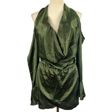 New PRETTYLITTLETHING Khaki Satin Cowl Cold Shoulder Bodycon MiniDress Green 4
