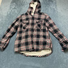 Boston Traders Flannel Shirt Jacket Womens L Black Red Plaid Hooded Sherpa Lined