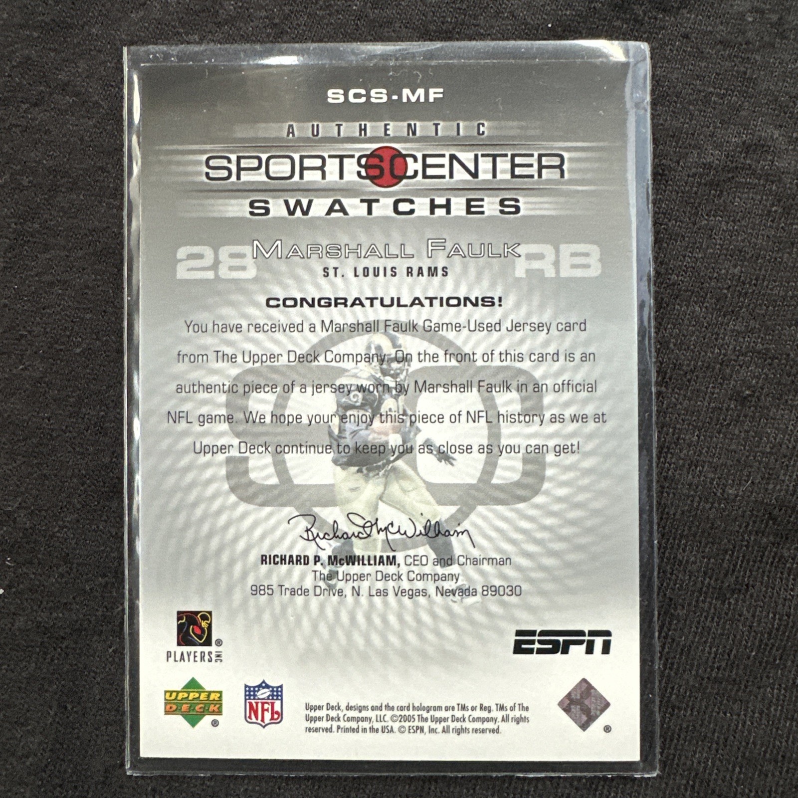 MARSHALL FAULK  ESPN SPORTSCENTER SWATCHES GAME USED  JERSEY CARD RAMS HOF RB view 2