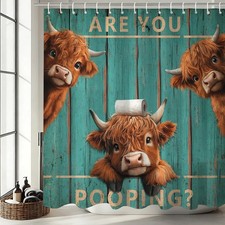Vintage Funny Highland Cow Shower Curtain with 12 Hooks, Farmhouse Green Plan...