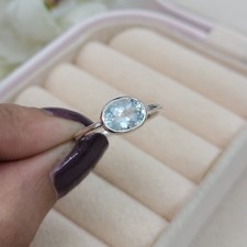 Natural Aquamarine Oval Bezel Set Ring-Handmade Silver Ring-March Birthday Gift