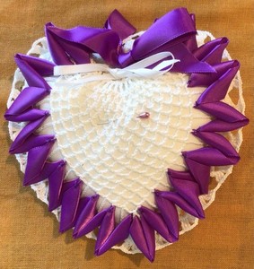 RING BEARER PILLOW Handmade White Crochet w/ Purple Satin Bow NEW