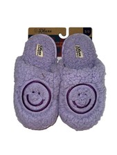 Dearfoams Dluxe Kids Slippers Sz 2-3 Purple Happy Face NEW Faux Fur Cozy Comfy