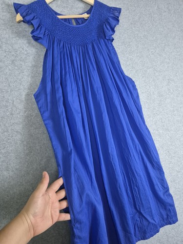 Abito donna J.Crew L blu smoked smanicato volant cotone estivo casual - Foto 2 di 8