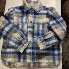 Unisex Kids Blue Gray White Plaid Button-Up Long Sleeve Jacket