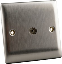 TV Coaxial Socket – Brushed Chrome Slim Edge – Aerial Wall Plate for TV/FM