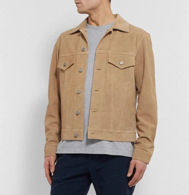 Men Brown Pure Suede Leather Jacket Slim Fit Trucker Jacket Custom Size S M L XL