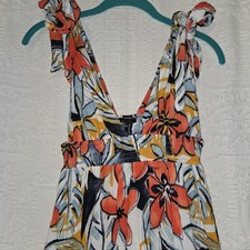 Forever 21 Floral Maxi Dress Medium Deep Plunge Neckline Tie Strap Elastic Waist