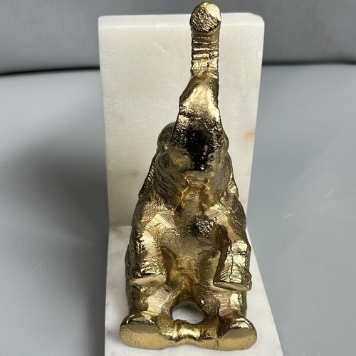 Vintage Solid Brass and Marble Elephant Sitting Trunk Up Bookends 5" Tall - Picture 5 of 11