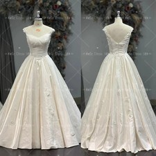 Satin Wedding Dresses With Train V Back 3D Floral Applique A-Line Bridal Gowns