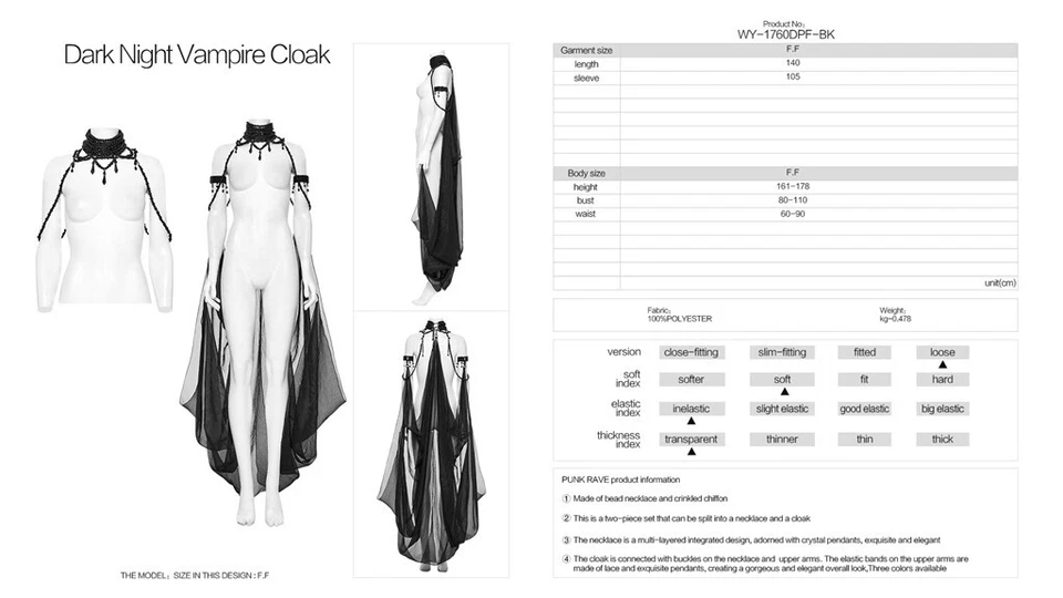 Capa de gasa Punk Rave Dark Night Vampire para mujer con gargantilla desmontable con cuentas Foto 3 de 4