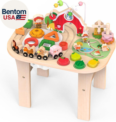 Activity Table for 1 Year Old, Baby Wooden Sensory Table with Bead Maze Shape So