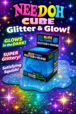 NEE DOH Nice Cube Glitter & Glow BLUE Squishy Toy, Brand New