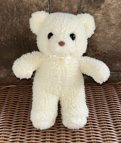 Kindergund Vintage Kinder GUND Plush Bear Curly ? 9" 1988 Cream Satin Bow Rattle