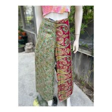 Vintage  90s Boho Mixed Print Silk Trousers Wide Leg Tie Waist