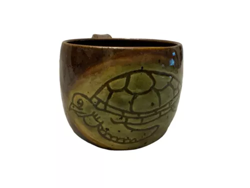 Pottery Art Sea Turtle Brown Green Signed Coffee Cup Mug