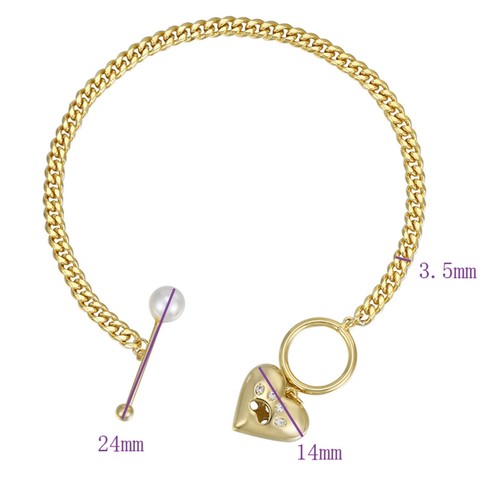 9K GOLD GF LADY GIRLS PAW PRINT HEART TOGGLE PEARL BONE BAR CURB CHAIN BRACELET - Picture 5 of 9