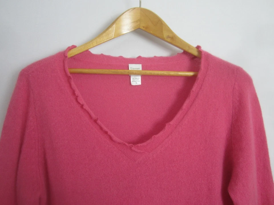 Suéter Pullover Suave Garnet Hill Talla XL Rosa 100% Cachemira Volantes Cuello en V LS Foto 4 de 4
