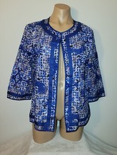 Chicos 2 Large 12-14 Blue Floral Chic Artsy Keyhole Open Front Jacket Blazer
