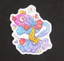 Colorful Fish Swimming Around Bobber Wild & Crazy Fun Sticker 2 3/8" x 2"