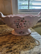 Lefton china pale pink bowl with applied roses and scalloped edges 4.5 x 11 x 5