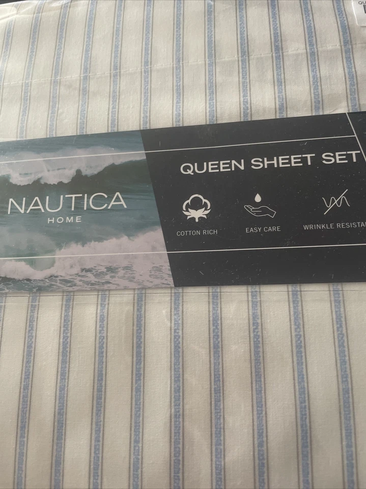 NAUTICA Coastal края полоски серый синий 4 ПК королева простыни комплект морской пляж S52 - Изображение 2 из 4