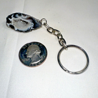 NEW Natural Oco Agate Geode Keychain Key Ring, Half Stone Rock Crystal Mineral
