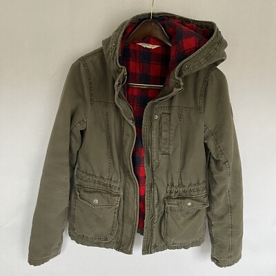 Y2K HOLLISTER Olive Army Green Red Plaid Quilted Lining Hood