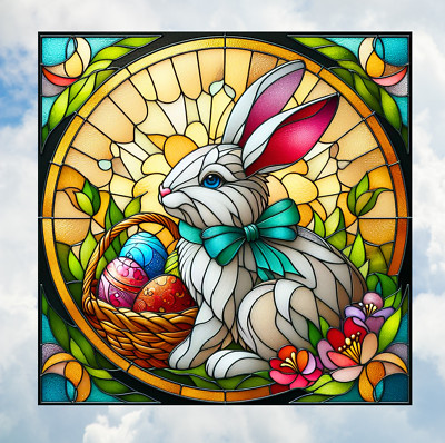 Easter Bunny & Basket Faux Stained-Glass WINDOW CLING Size 8'' Square Vinyl