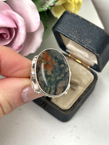 VINTAGE MODERNIST CELTIC KNOT 925 SOLID STERLING SILVER MOSS AGATE RING SIZE L - Picture 14 of 21
