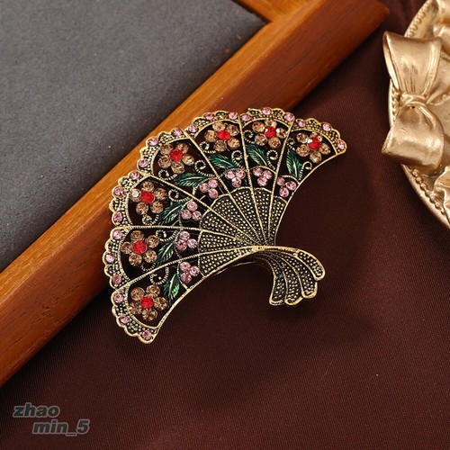 Crystal Fan Brooch Pin Vintage Gold Tone Rhinestone Brooches Wedding Jewelry - Picture 3 of 5