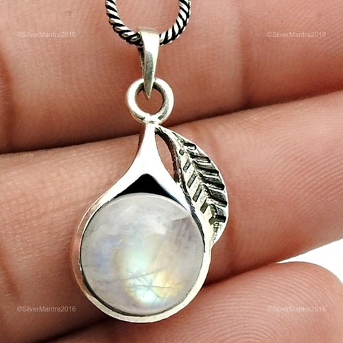 Natural Rainbow Moonstone Bezel Leaf Pendant 925 Sterling Silver Women Gift - Picture 4 of 6