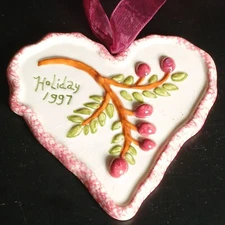  1997 Bath and Body Works Vintage Christmas Ceramic Heart Mistletoe Ornament 