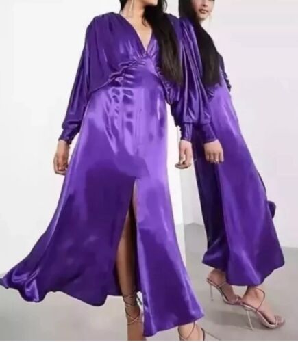 ASOS EDITION Purple Satin Drape Long Bat Sleeve V Neck Open Back Slit Midi 12