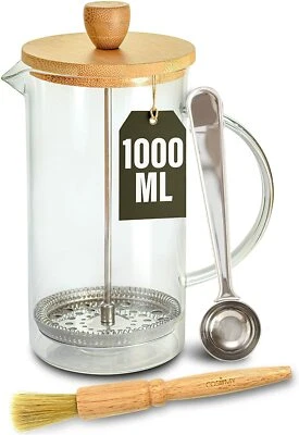 COSUMY French Press 1L aus Glas Kaffeebereiter Set 5 Tassen Edelstahl Kaffee Tee Presse