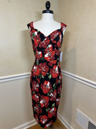 Premier Amour Red Black Floral Print Stretch Women's Dress Size 8