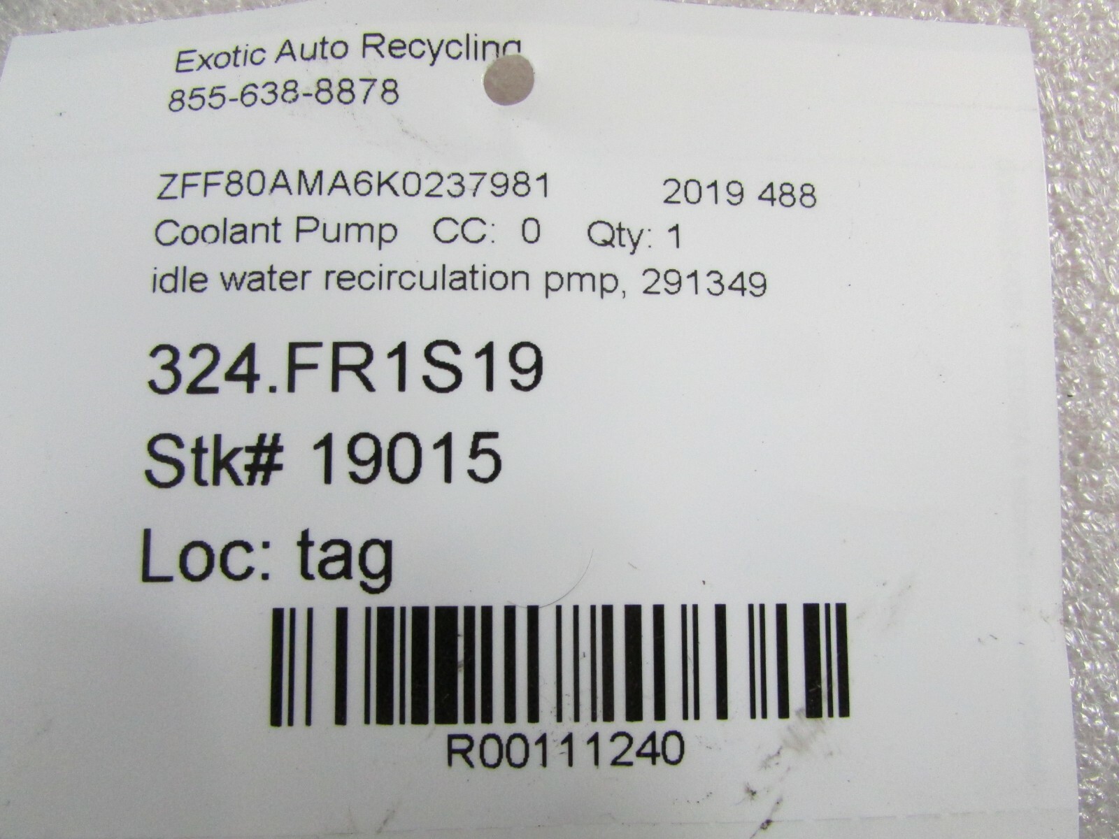 Ferrari 488, Idle Water Pump, Used, P/N 291349