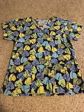 Uniform Destination U+ Brand Scrub Top Blue Green Yellow Heart Print Size M