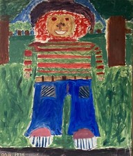 Dipinto Ad Olio Naif Espressionista DAR 1975 Paesaggio Con Figura 65,5 X 55,5 Cm