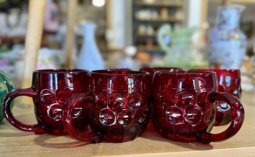 Vintage Martinsville Red Ruby Thumbprint Vintage Depression Glass Mugs Set Of 6
