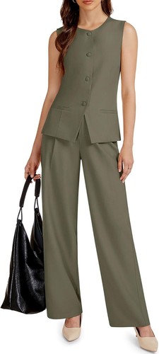 Women's 2 Piece Blazer Outfits Sleeveless Crewneck Vest Wide Leg Pantsuit 2025 - Picture 27 of 46