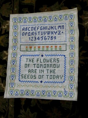 Vintage  Embroidered Cross Stitch Linen Sampler~1978~THE FLOWERS OF TOMORROW