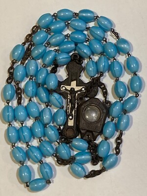 Antique Rosary Beads Water from Lourdes Trappisti Roma Catacombs Blue Milk Glass