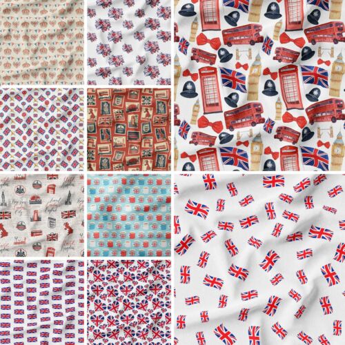 Premium Britain Jubilee Quilting Cotton Fabric Queen's UK England Flag Per Metre - Picture 1 of 56