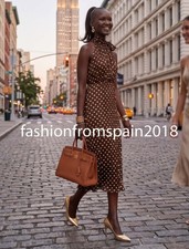 ZARA NEW WOMAN CRINKLED HALTER TIED POLKA DOT MIDI DRESS BROWN 4387/108/087