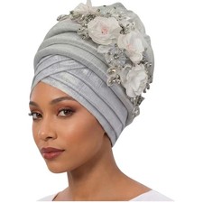 Women's Silver Rhinestone Floral Turban Hat Elegant Church Occasion Headwrap