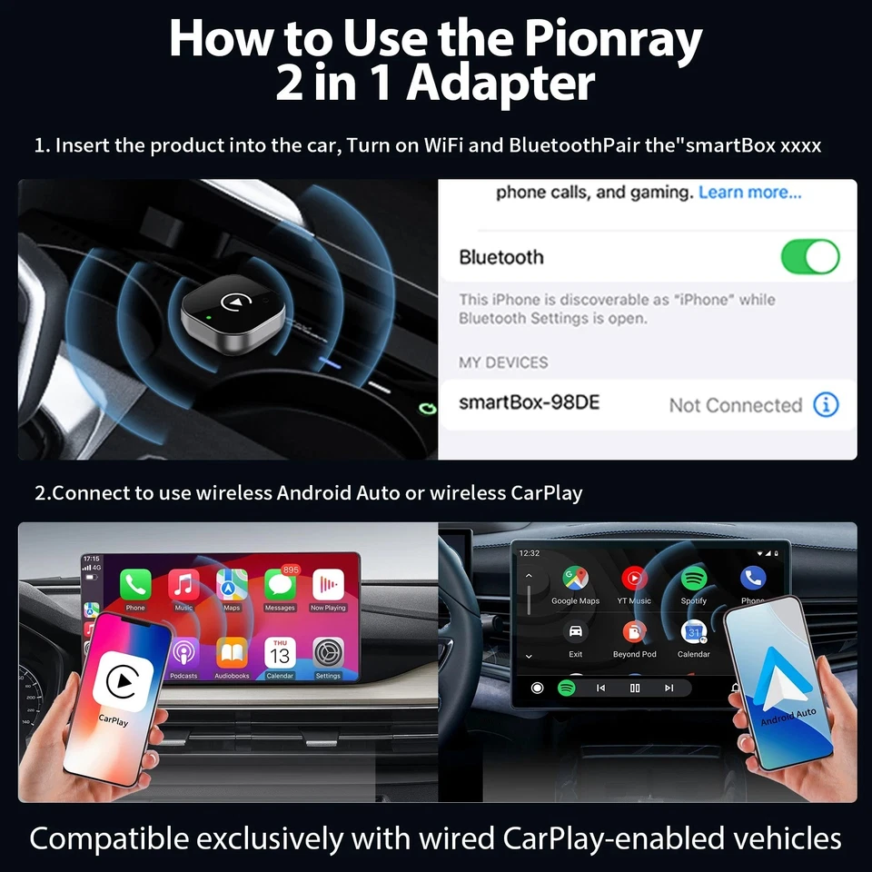 CarPlay Android Auto 2-in-1 Universal Wireless USB Adapter Dongle Smart Mini - Immagine 2 di 4