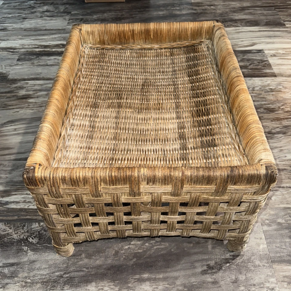 Vintage Rattan Wicker Coffee Plant Table Boho Tiki 22X18X24 Weathered Wear Areas - Image 2 of 4